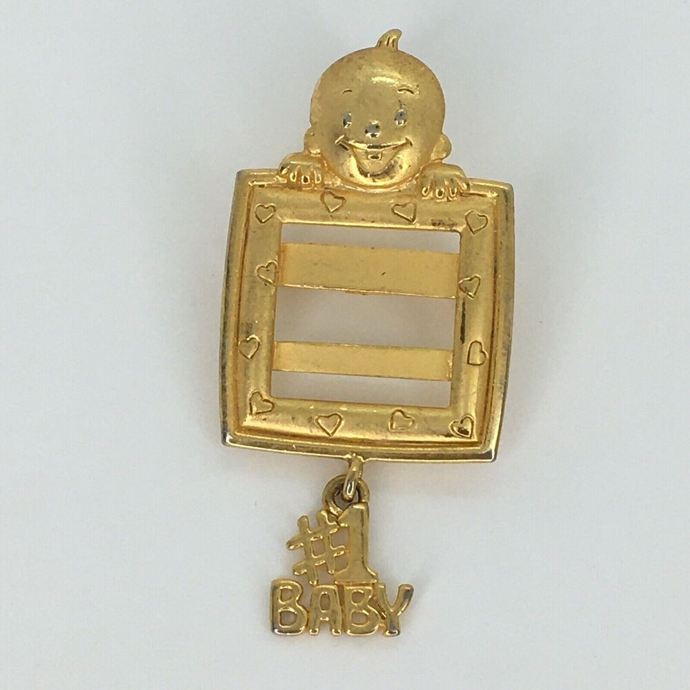Vintage Signed JJ Pin/Brooch, Gold Tone Photo Frame w/#1‎ Baby Charm Dangle